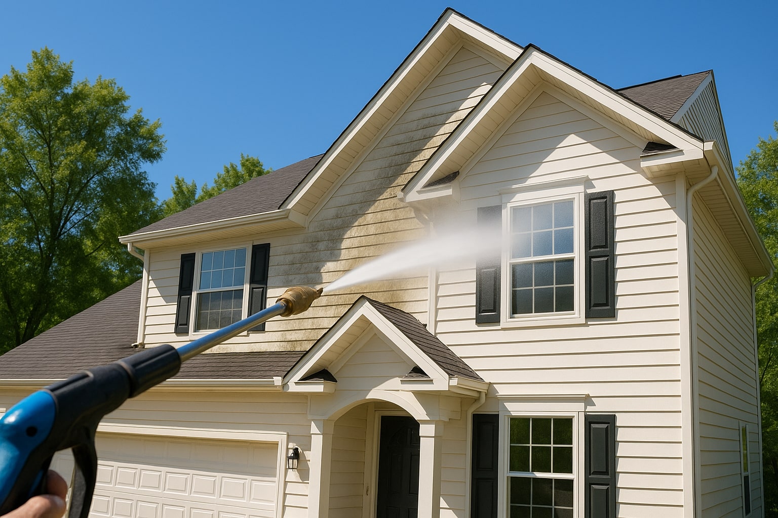Pressure washing vinyl siding of a suburban home to remove dirt and mildew, restoring a bright and fresh exterior.