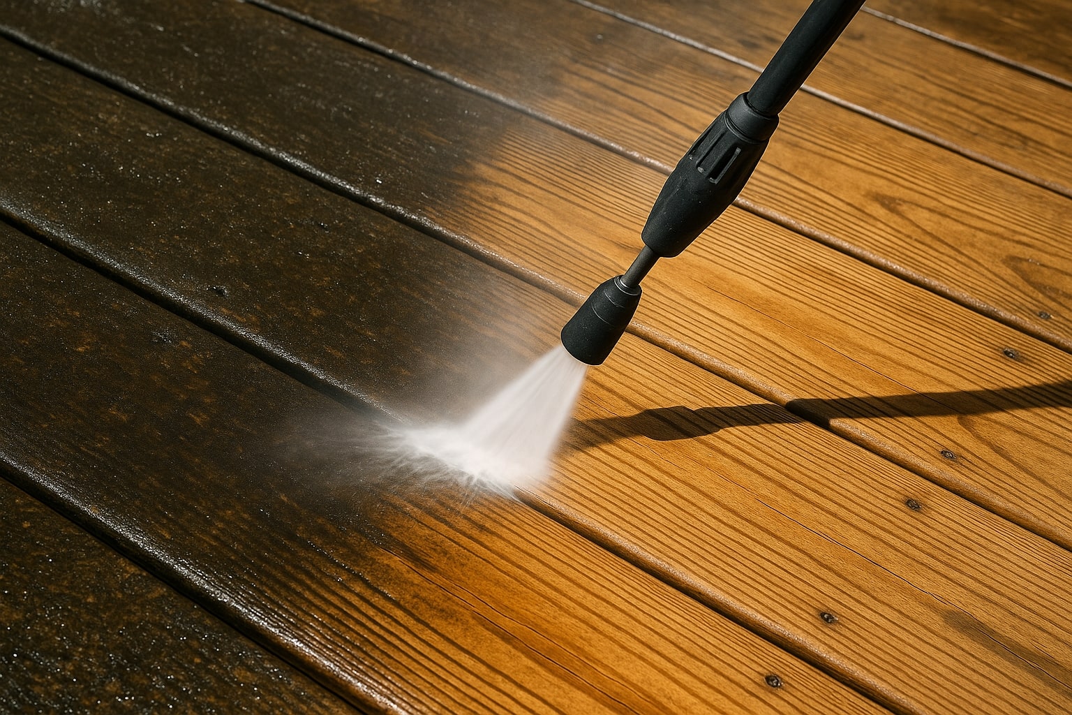 Pressure washing wooden deck to remove dark grime and reveal clean, fresh wood surface.