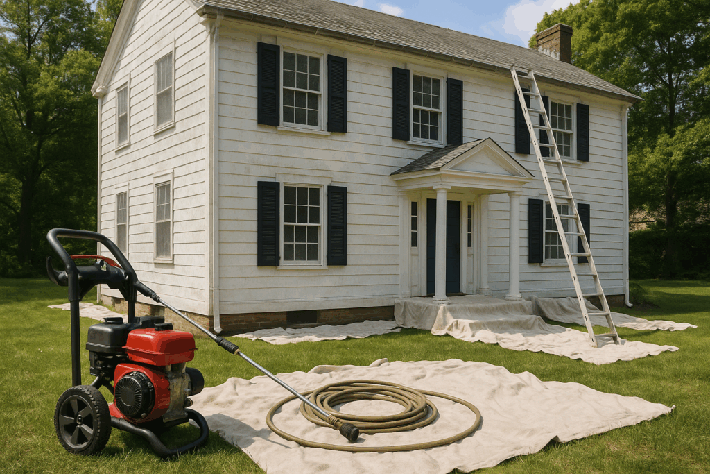 Home painting preparation with pressure washer, hose, and ladder set up in front of a Colonial-style home in Connecticut or New York.