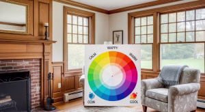 Color psychology in interior painting chart displayed in a cozy living room, illustrating how different hues influence mood and atmosphere.