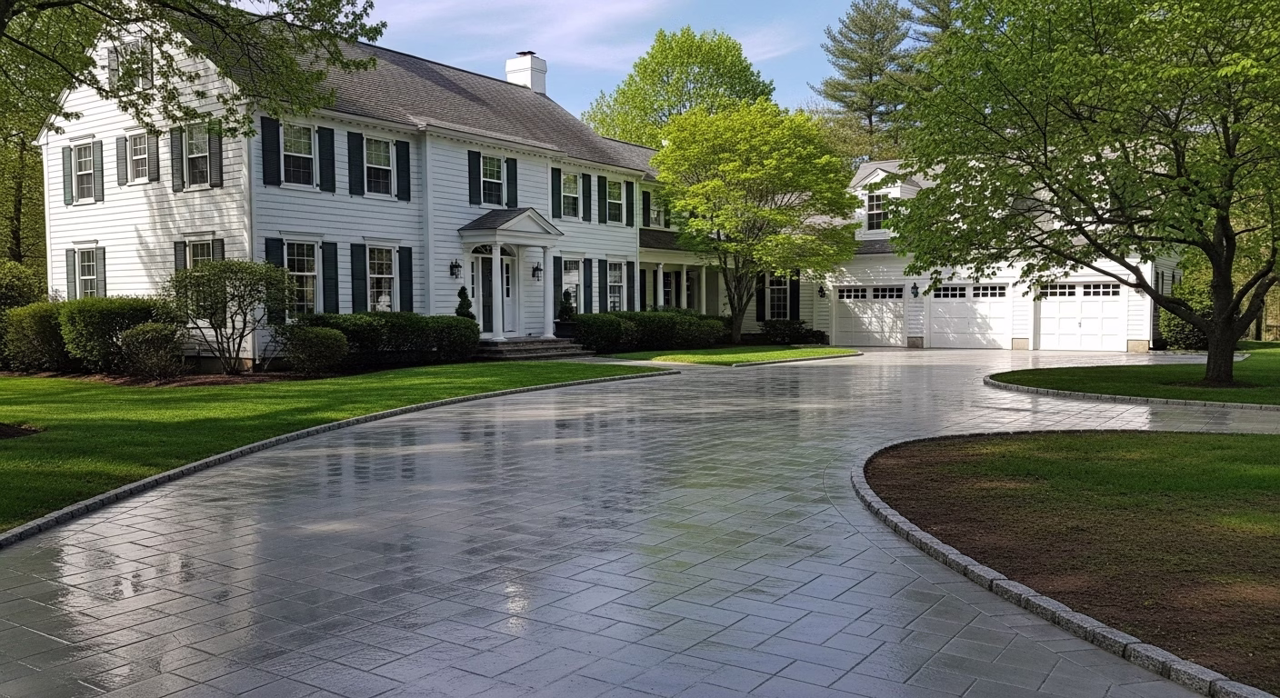 Driveway pressure washing guide showing a clean, freshly washed driveway leading up to a beautiful home with a well-maintained lawn and trees.