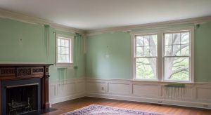 Interior painting mistakes showing uneven paint coverage and paint drips on the walls in a room with windows, a fireplace, and hardwood floors.