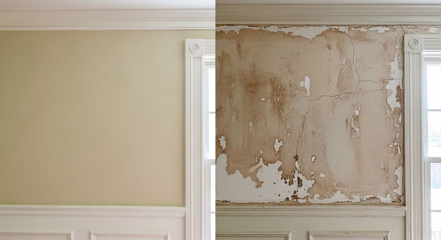 Side-by-side comparison of a well-kept wall and a damaged one, showing the importance of maintaining painted surfaces for a long-lasting finish.