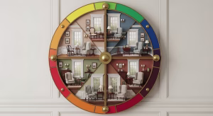 Paint colors that match furniture shown in different living room styles on a color wheel chart.