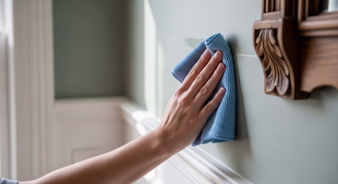 A hand cleaning a green painted wall with a soft blue cloth, emphasizing gentle methods to maintain painted surfaces without damage.