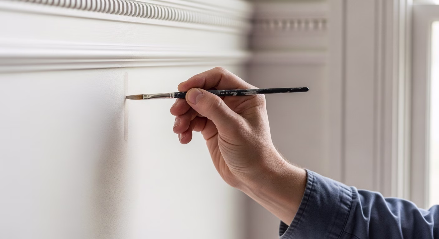 Close-up of a hand carefully touching up a painted wall with a small brush, illustrating how to maintain painted surfaces with precision.