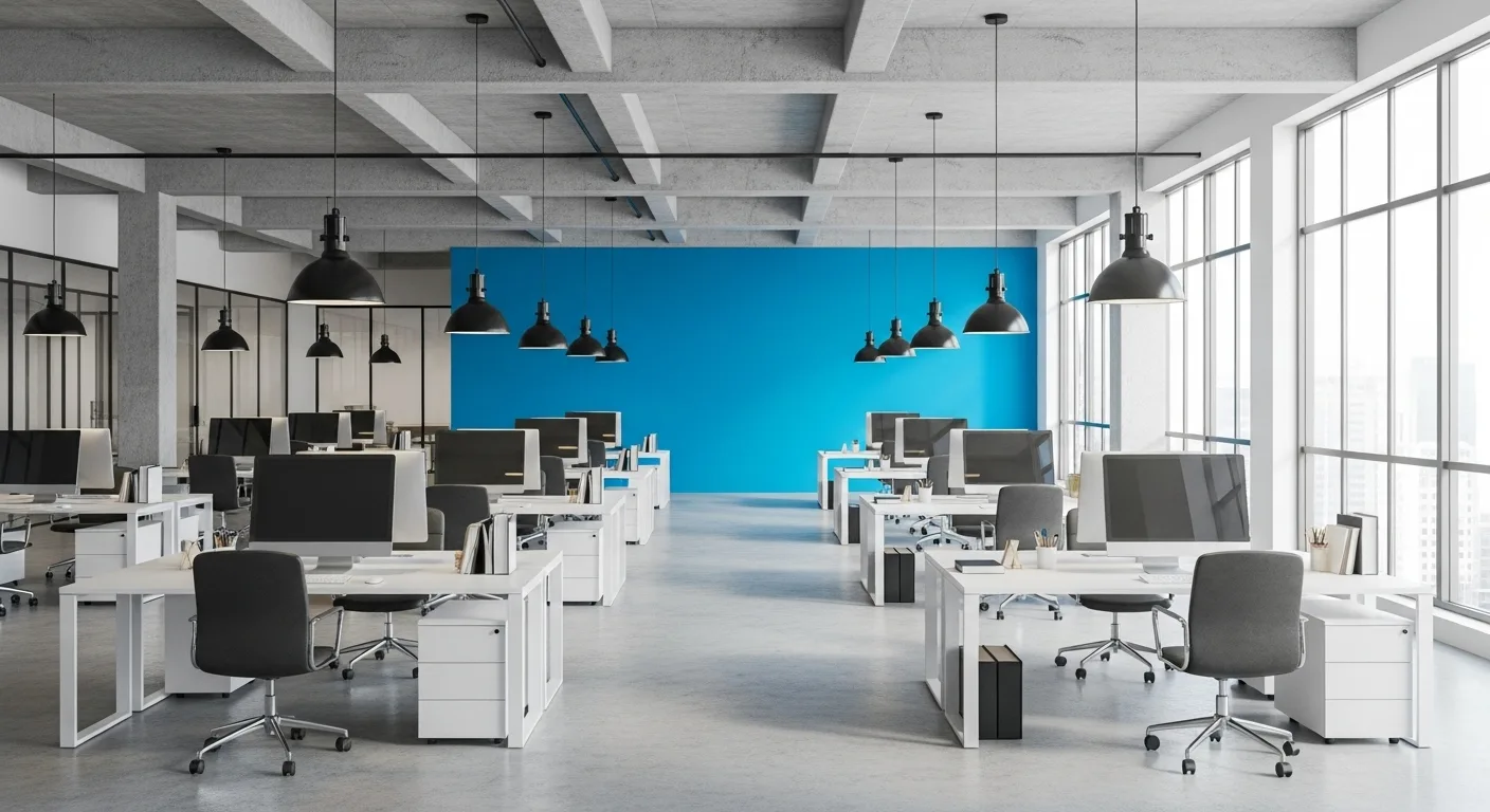 Modern open office with white desks, computers, and industrial pendant lights. A bright blue accent wall adds contrast to the minimalist space with large windows letting in natural light.