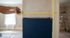 Explore two-tone wall painting as painter applies yellow tape to create a sharp line above navy paint for a classic two-tone look.