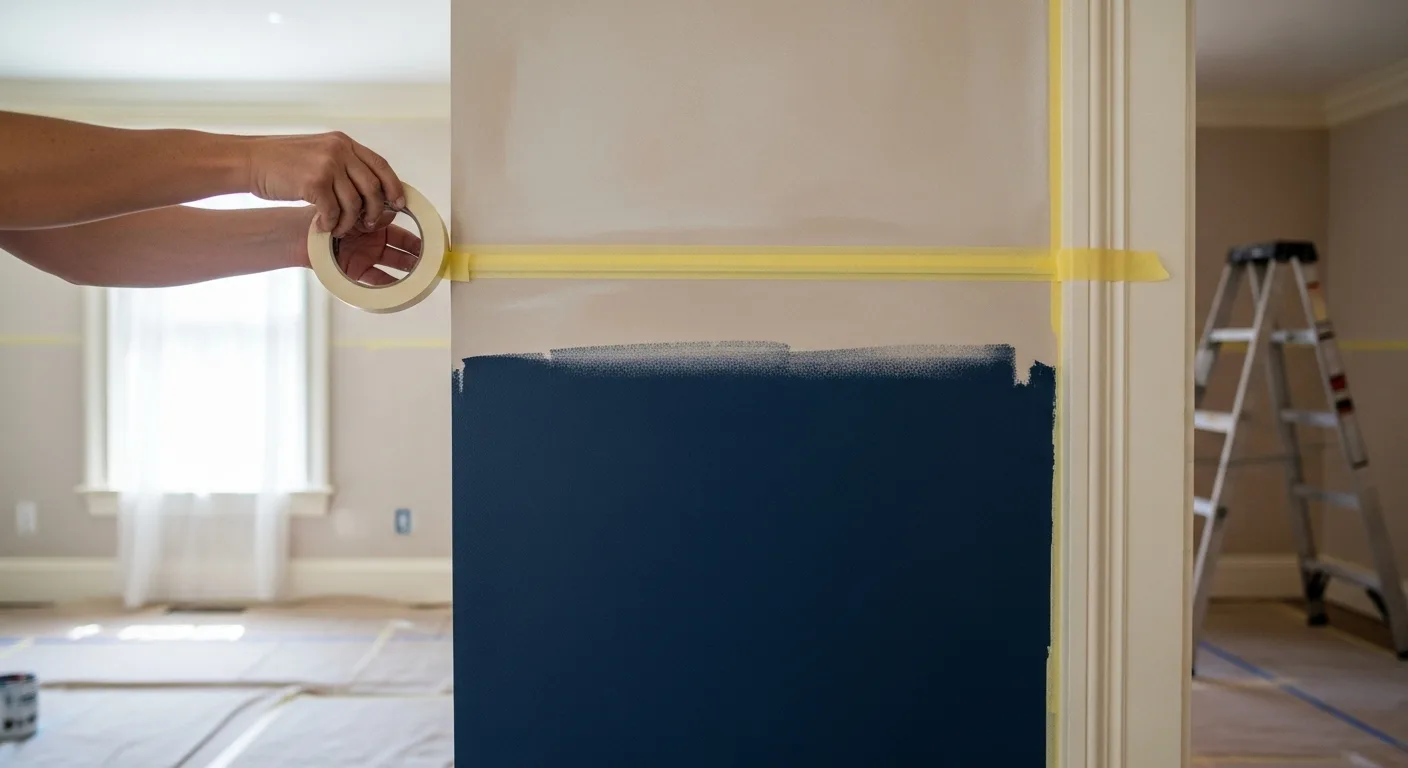 Explore two-tone wall painting as painter applies yellow tape to create a sharp line above navy paint for a classic two-tone look.