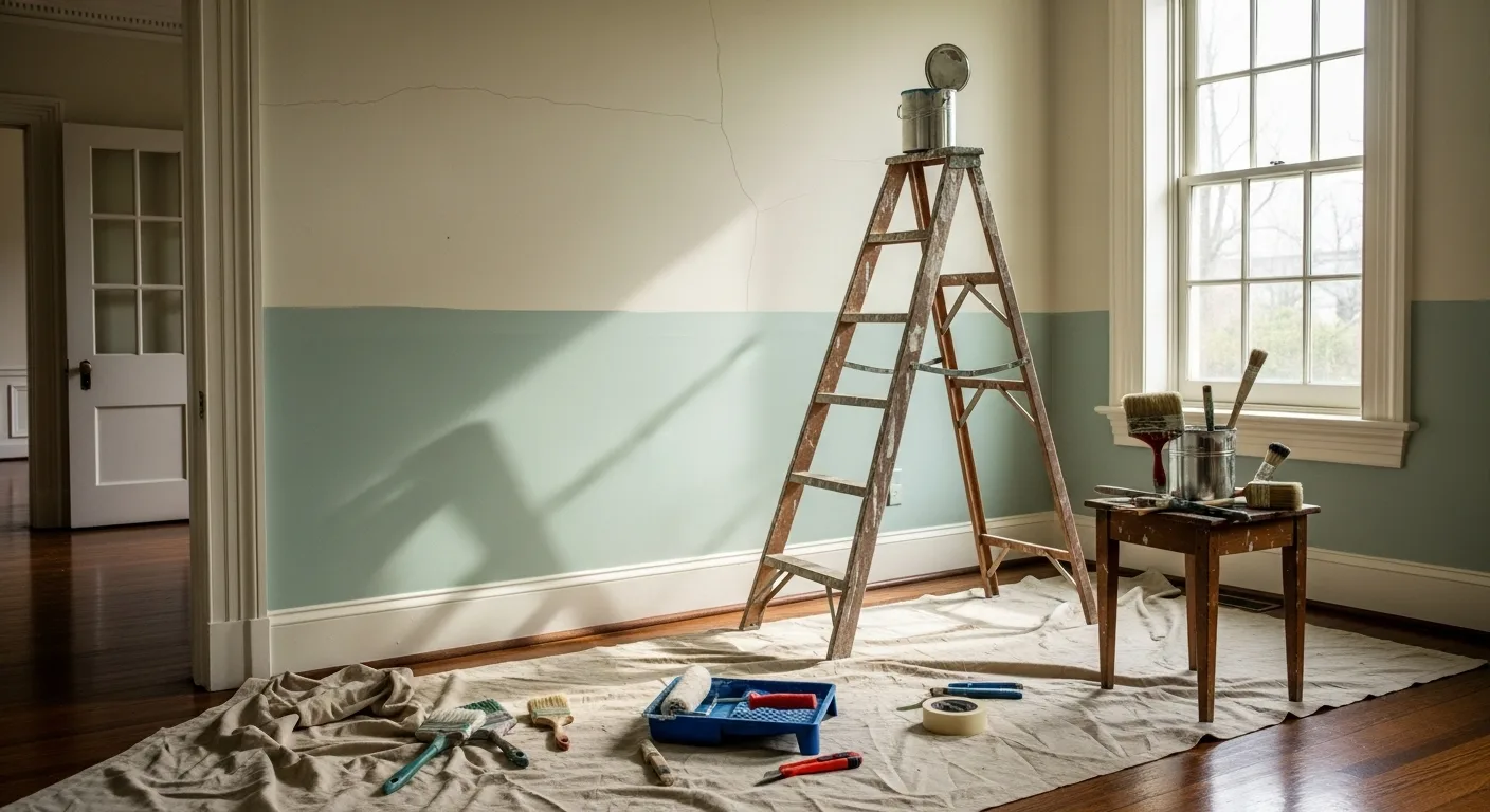 Half-painted wall with brushes, rollers, and a ladder in a colonial home, showing a practical home painting comparison setup.