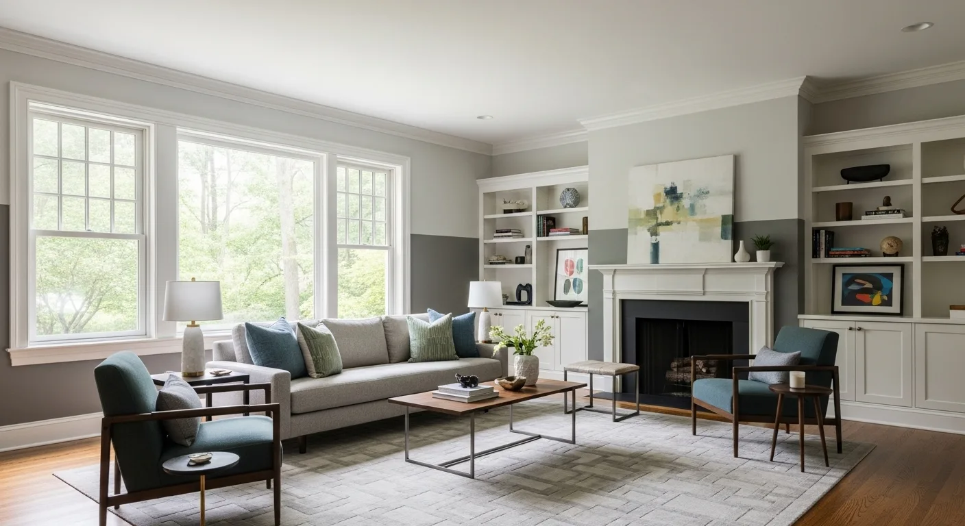 Explore two-tone wall painting in a modern living room with gray and white contrast for subtle sophistication.