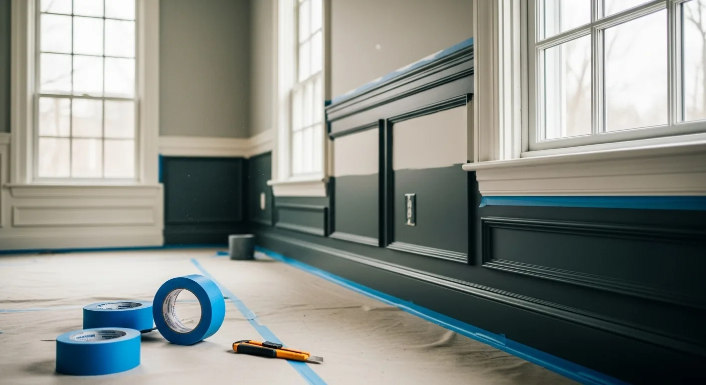 Explore two-tone wall painting with dark gray and light beige walls prepared with painter’s tape for a clean, modern finish.