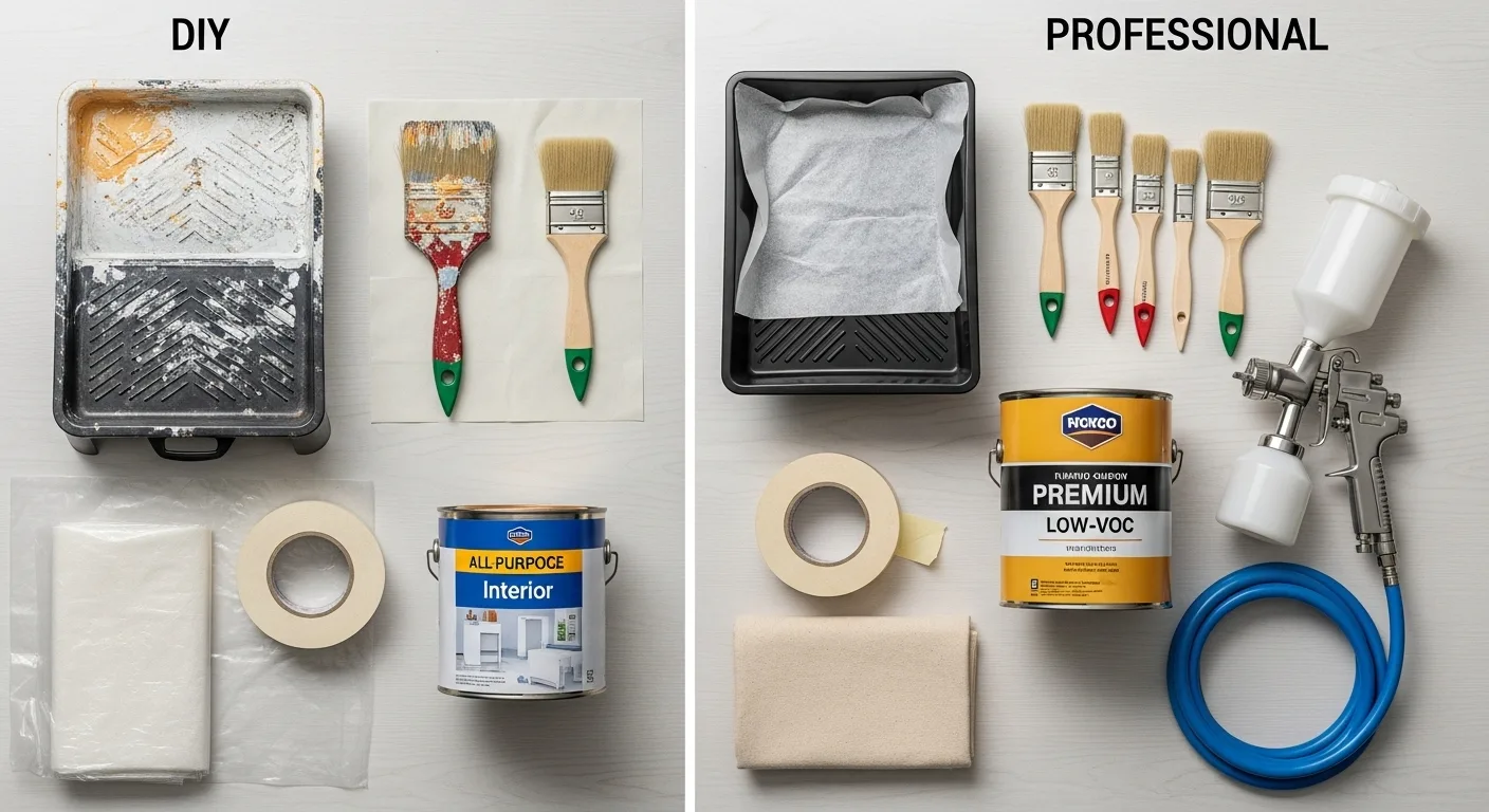 Tools and materials for home painting comparison between DIY and professional setups, displayed side by side on a clean surface.