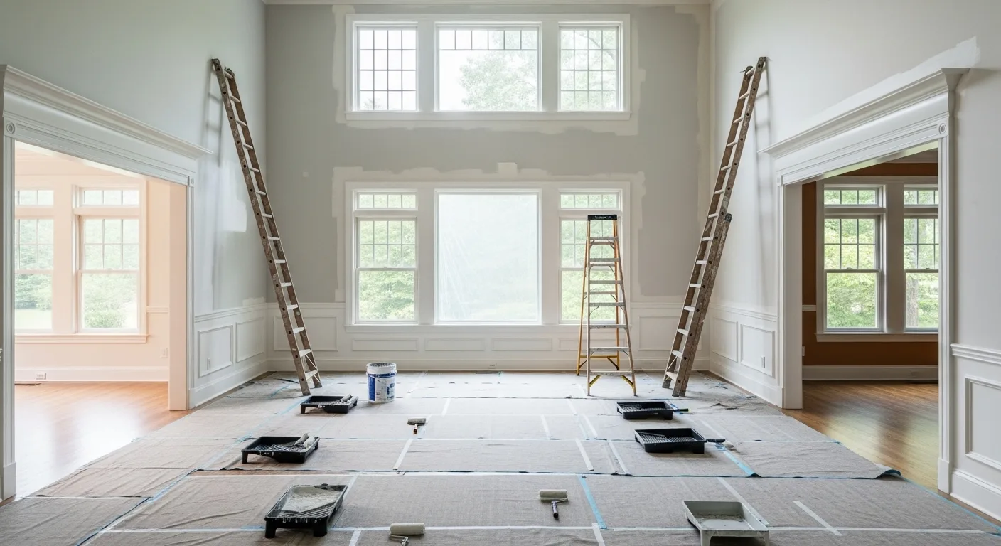 Large high-ceiling living area in progress with rollers and paint trays, illustrating a home painting comparison process.