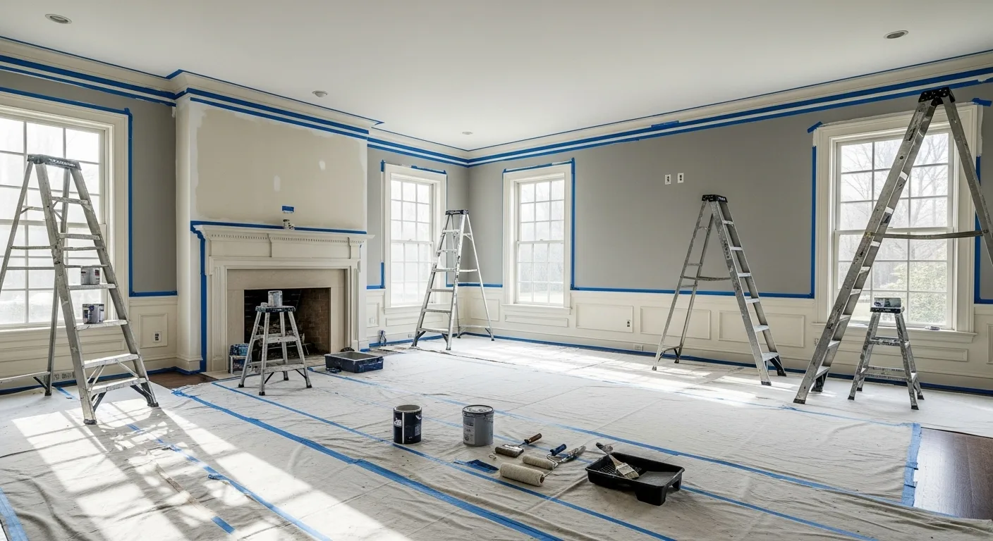 Colonial-style living room prepared for painting, showing ladders, rollers, and taped trim as part of a home painting comparison setup.