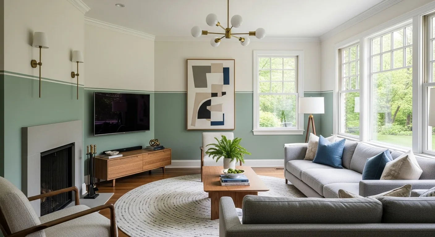 Explore two-tone wall painting with green and cream tones enhancing the fresh, contemporary design of a living room.