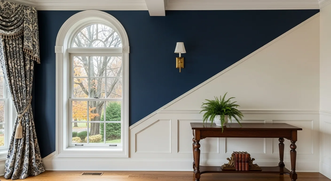 Explore two-tone wall painting in navy and cream with elegant molding and a traditional console table.