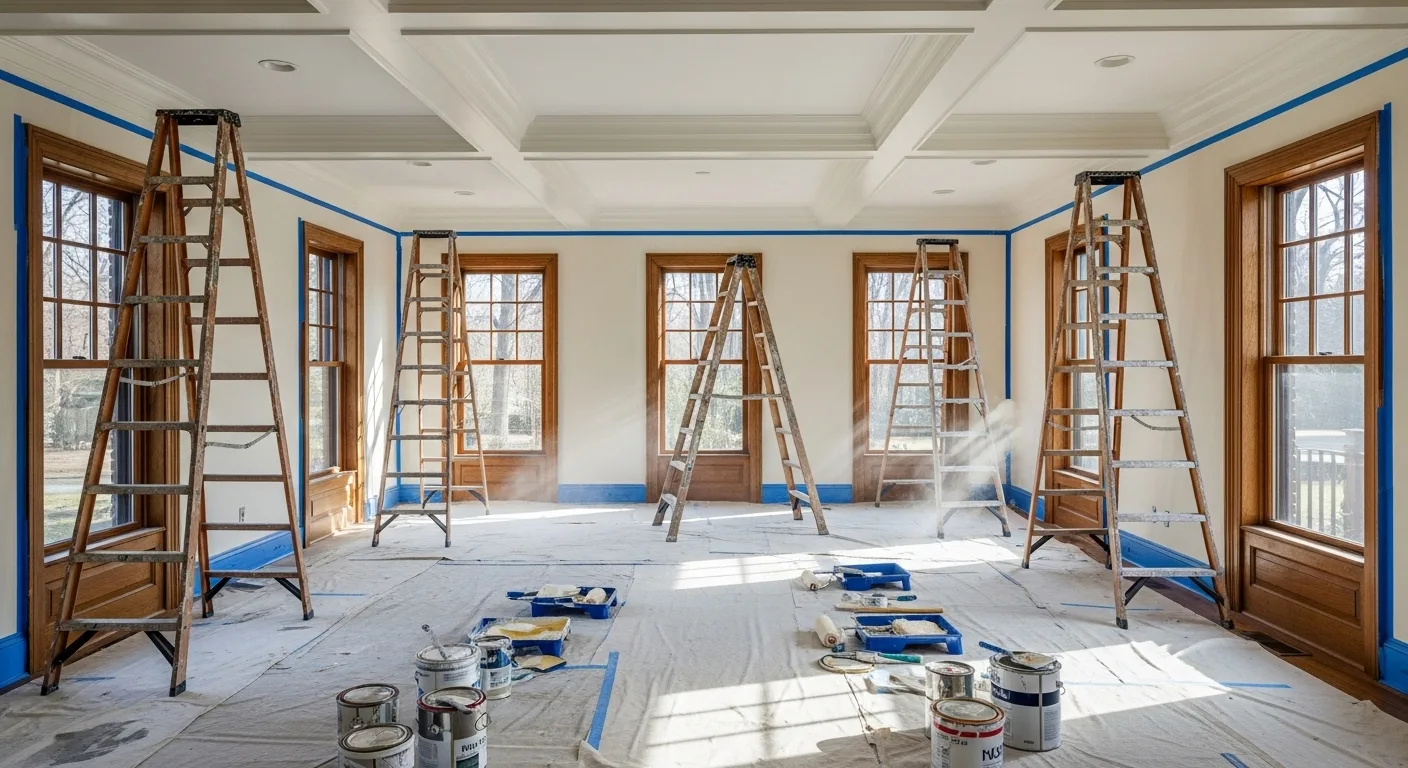 Traditional sunlit room with ladders and paint supplies arranged neatly for a home painting comparison scene.