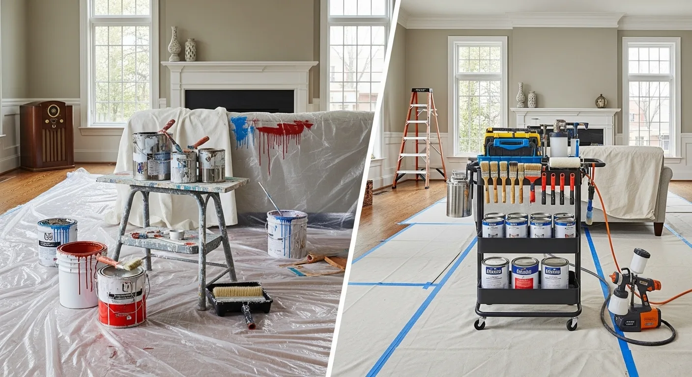 Split image of cluttered DIY painting setup versus organized professional workspace, emphasizing the home painting comparison visually.