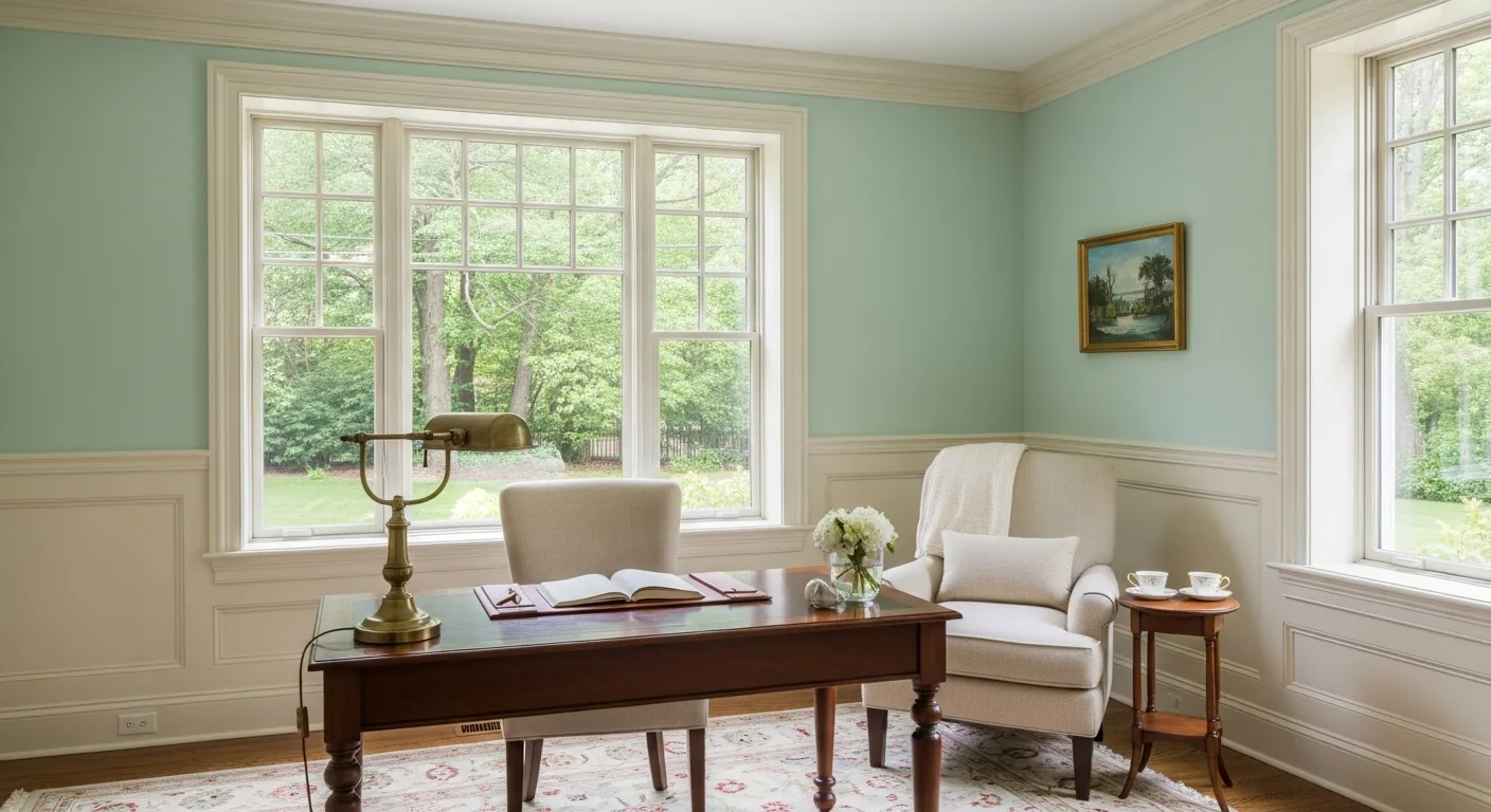 Explore two-tone wall painting featuring soft mint green and white tones in a bright reading room with natural light.