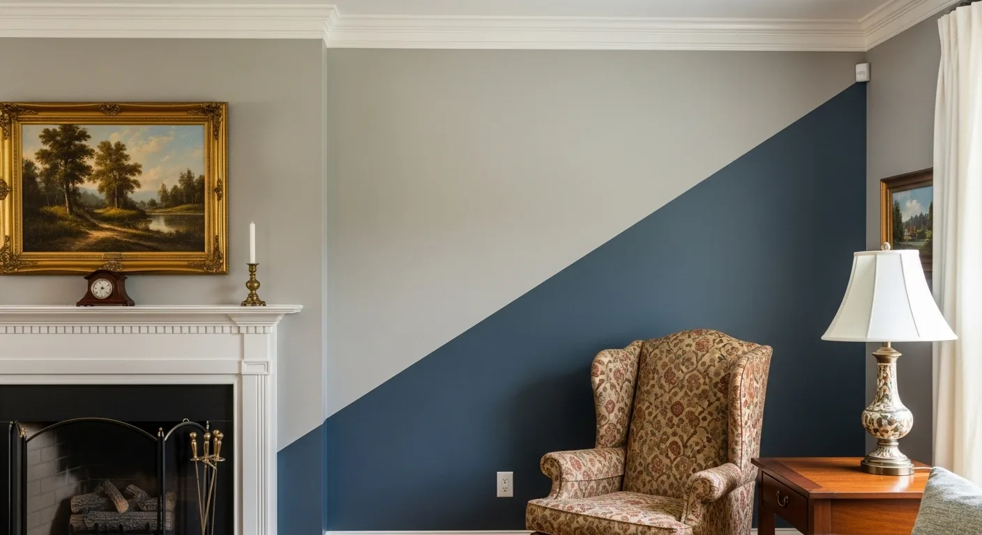 Explore two-tone wall painting with diagonal navy and gray sections adding modern contrast to a classic living room.