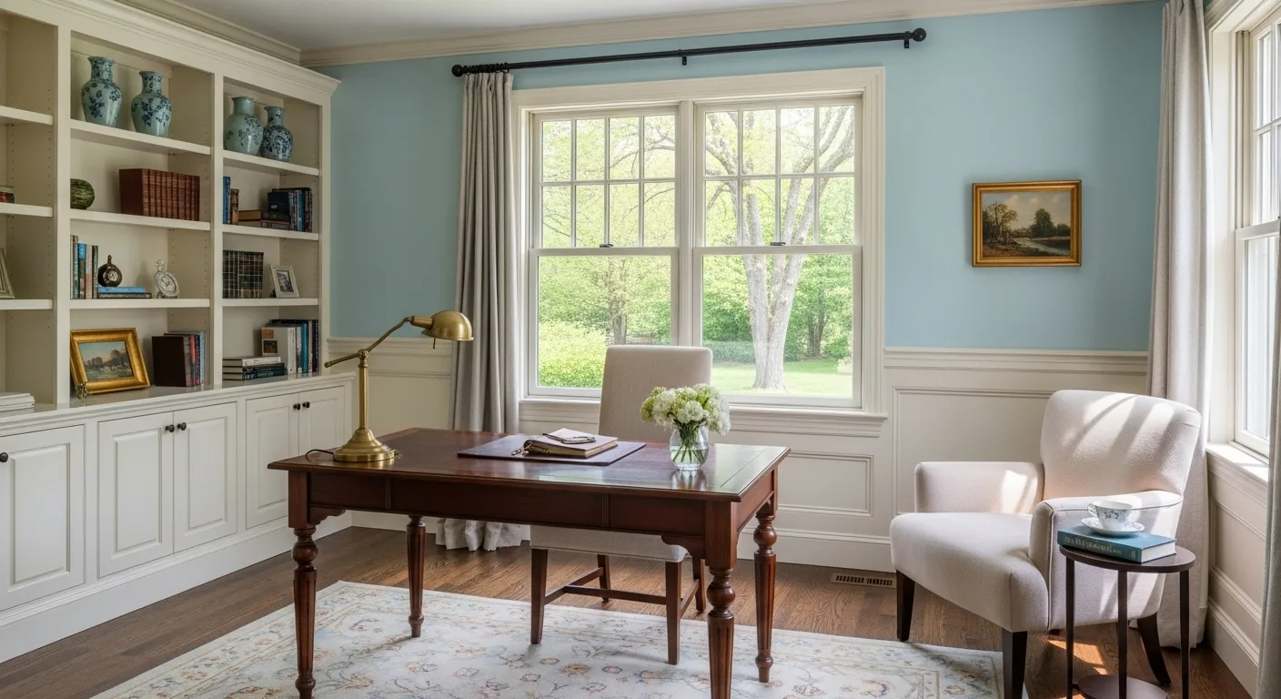 Explore two-tone wall painting in a cozy home office with blue and cream walls creating an elegant and serene space.
