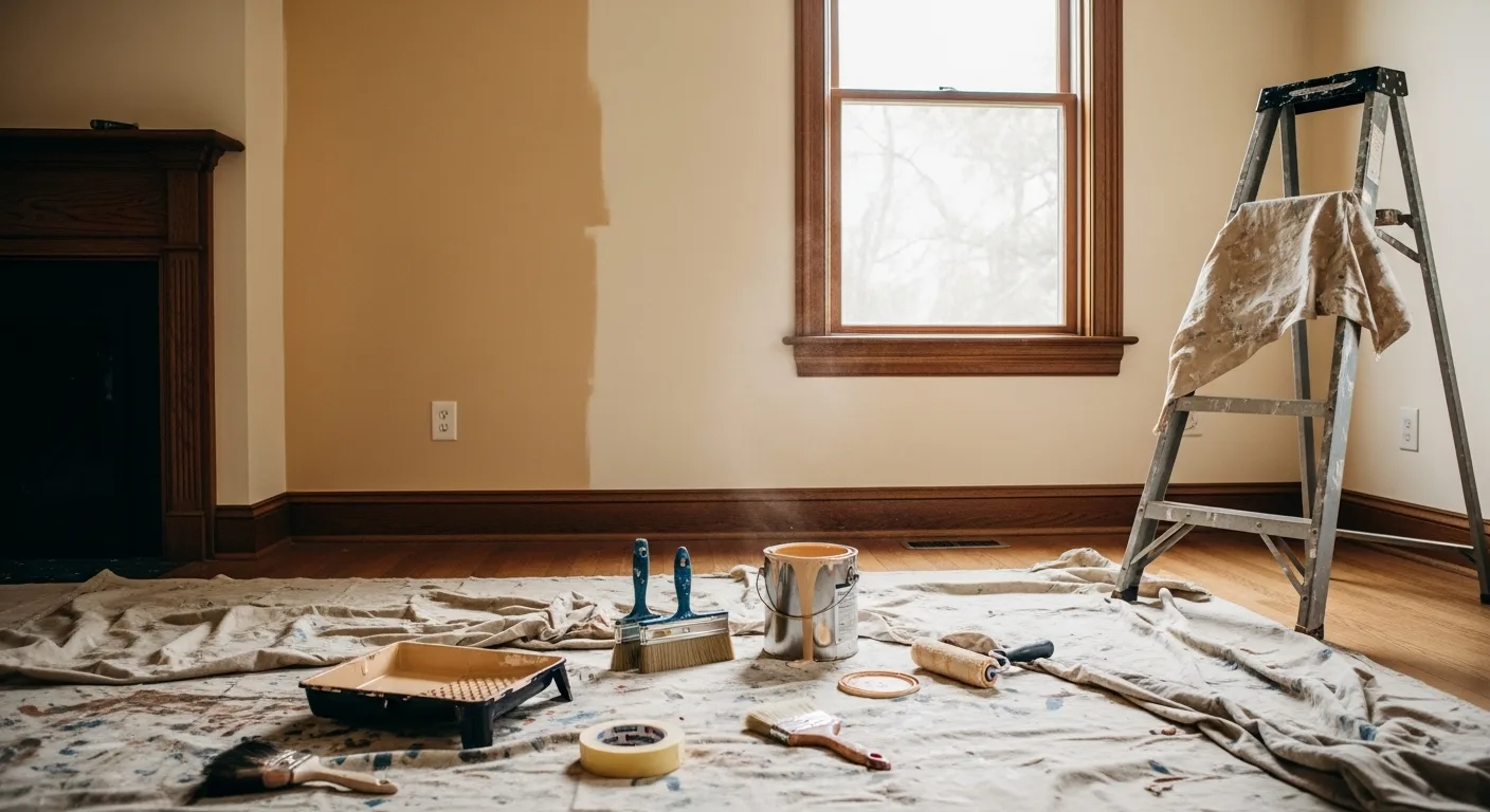 Room in mid-painting process with warm tones and tools laid on a tarp for a detailed home painting comparison.