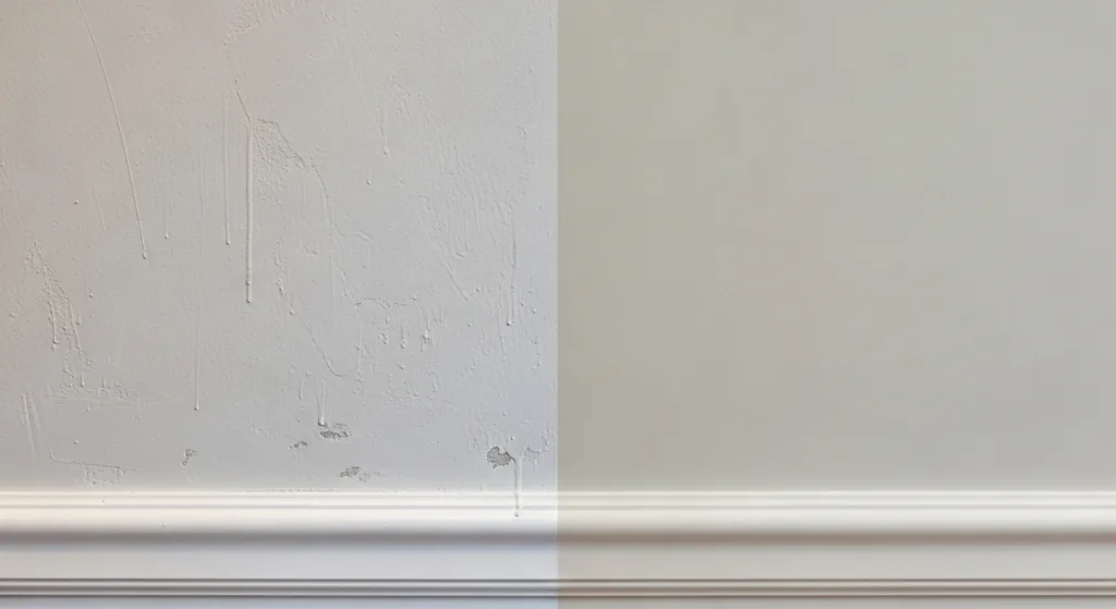 Wall close-up showing textured DIY side versus smooth professional finish, perfect for a home painting comparison highlight.