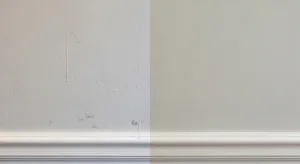 Wall close-up showing textured DIY side versus smooth professional finish, perfect for a home painting comparison highlight.