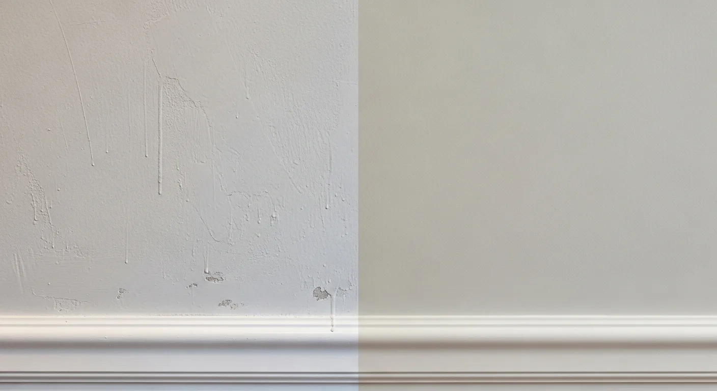 Wall close-up showing textured DIY side versus smooth professional finish, perfect for a home painting comparison highlight.