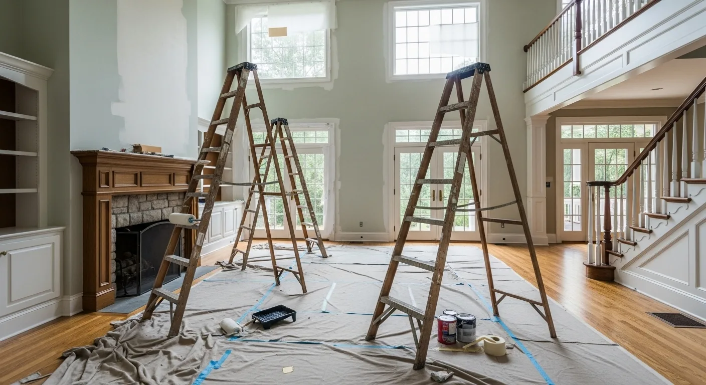Elegant home interior with ladders and drop cloths around a fireplace, staged for a home painting comparison.