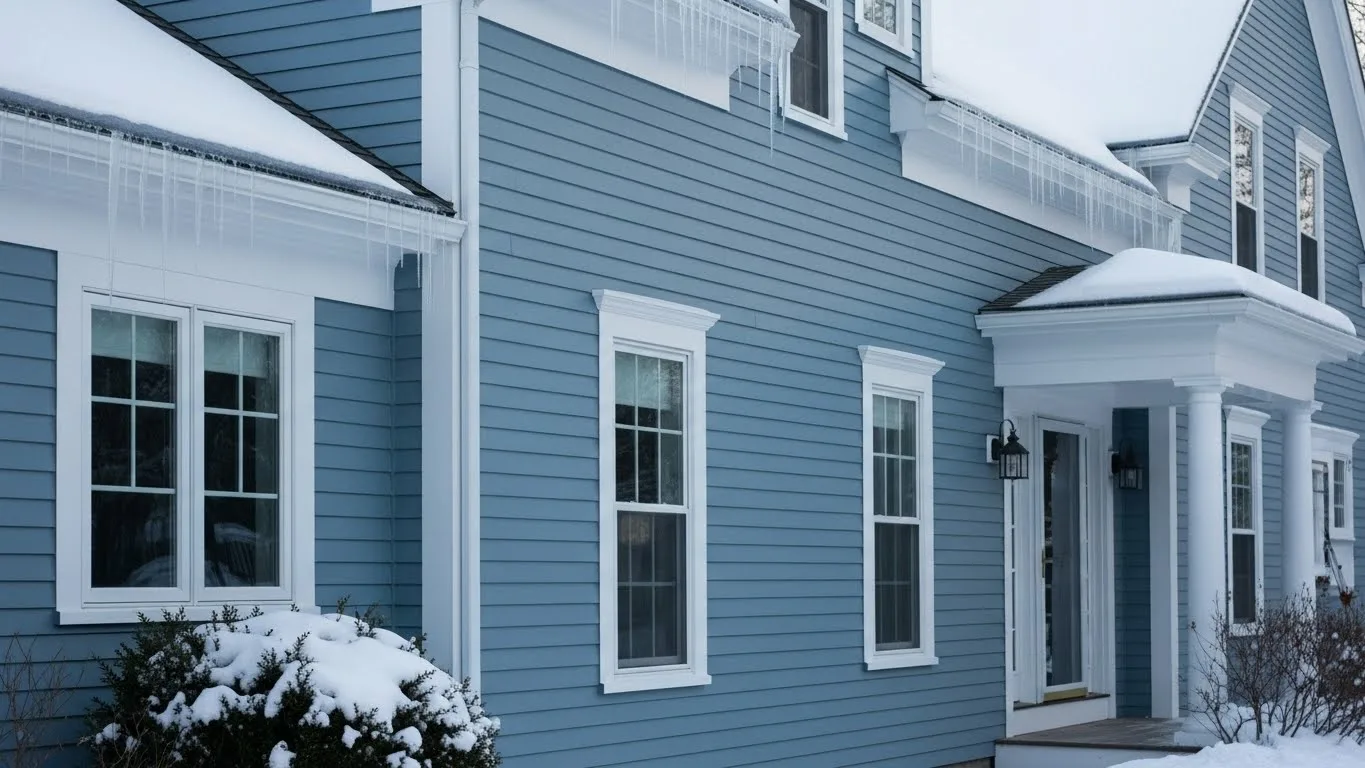 Exterior painting on a blue Connecticut home during winter, with snow-covered roof and freshly painted siding.