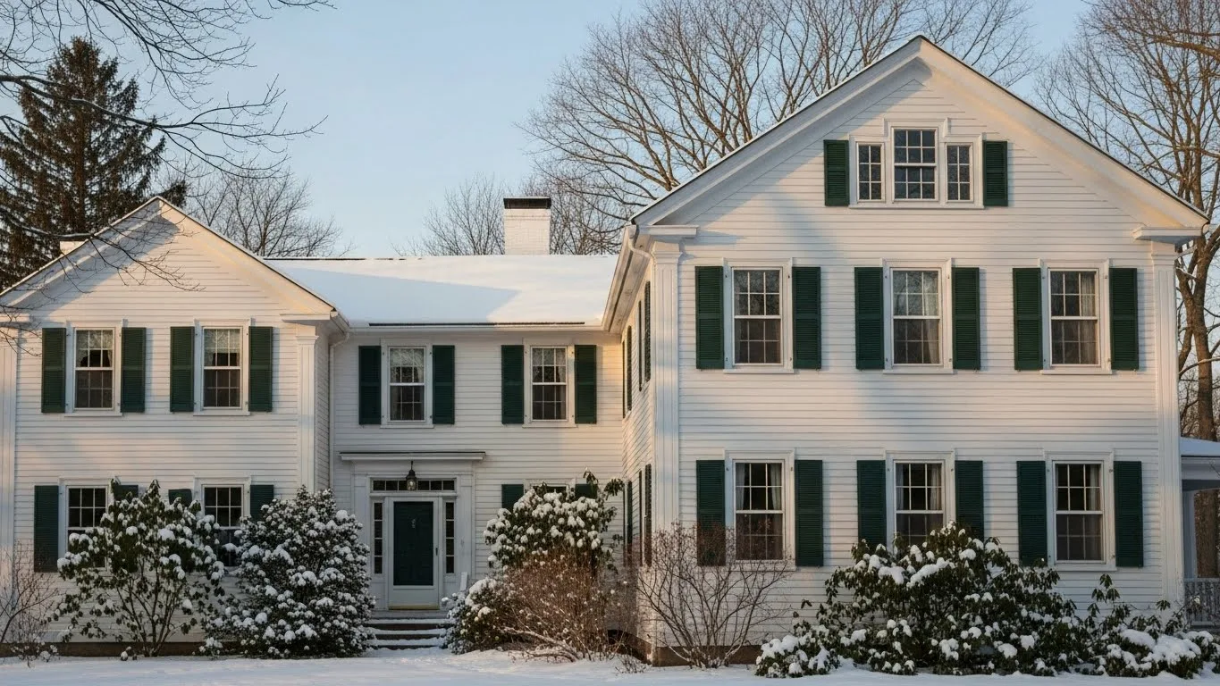 Exterior painting on a traditional white Connecticut house with green shutters during snowy winter weather.