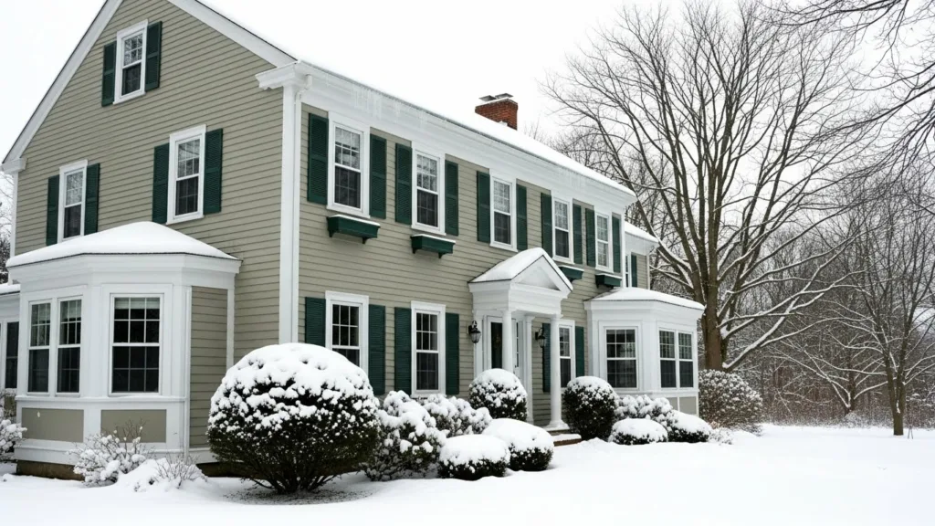 Exterior painting on a beige Connecticut home in winter, highlighting clean trim, siding, and snow-covered yard.