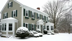 Exterior painting on a beige Connecticut home in winter, highlighting clean trim, siding, and snow-covered yard.