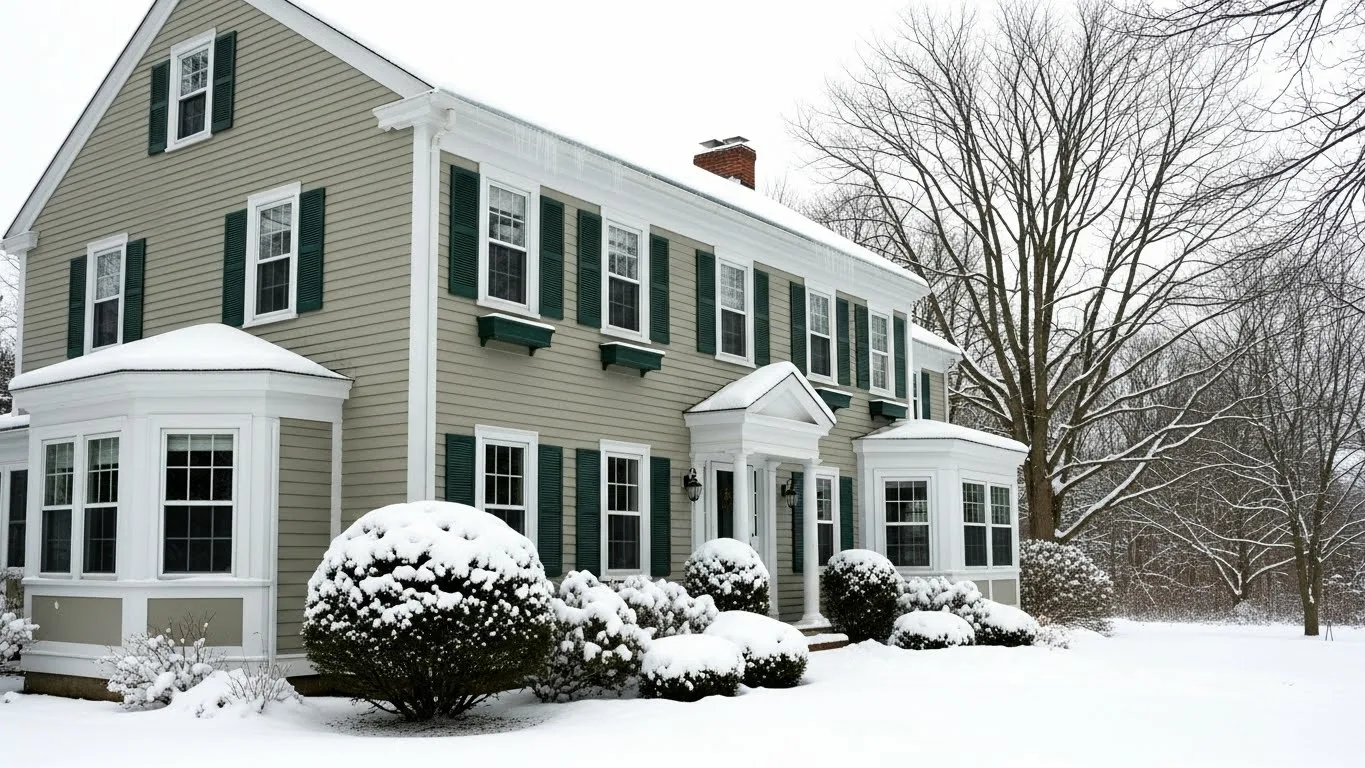 Exterior painting on a beige Connecticut home in winter, highlighting clean trim, siding, and snow-covered yard.