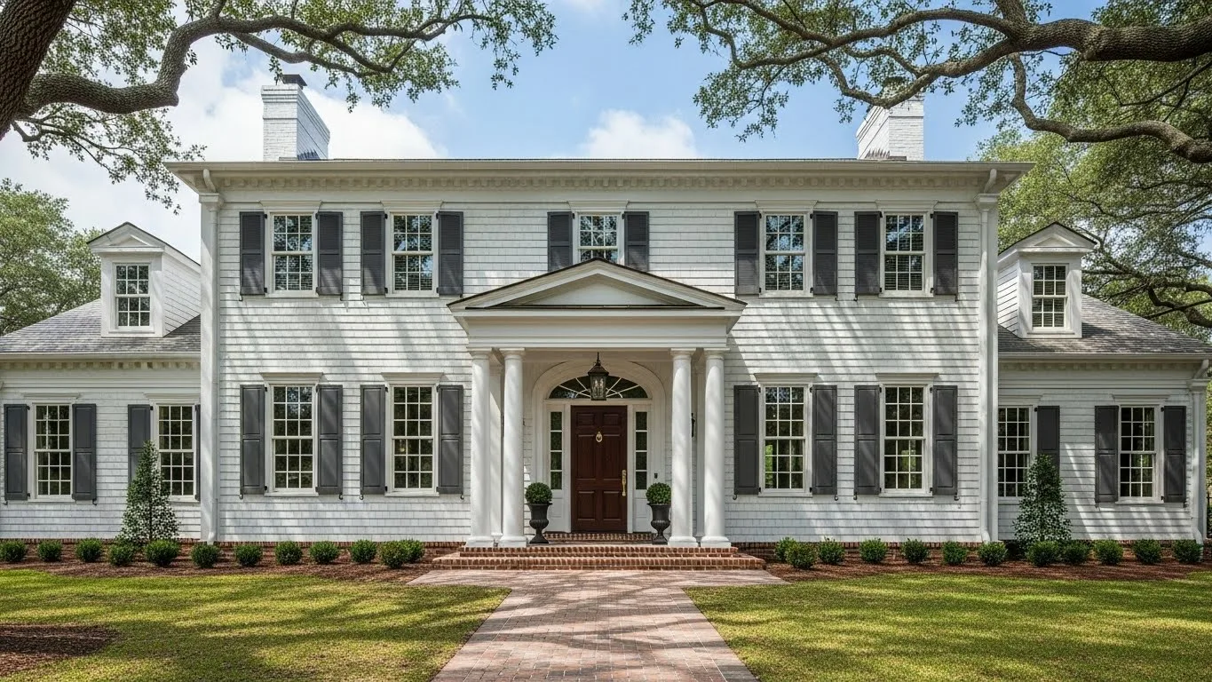 Exterior painting Connecticut showcasing a classic white colonial home with fresh paint and detailed trim.