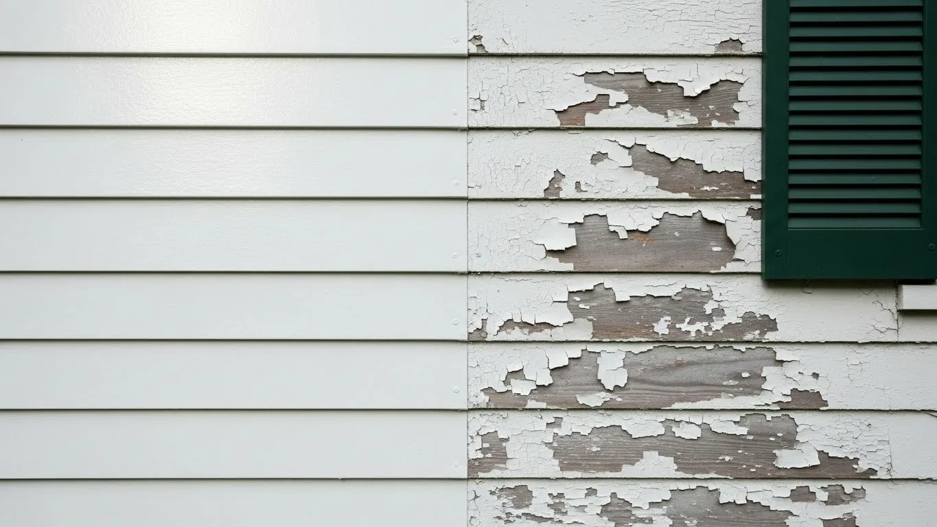 Exterior painting Connecticut comparison showing peeling paint versus properly prepared and painted siding.