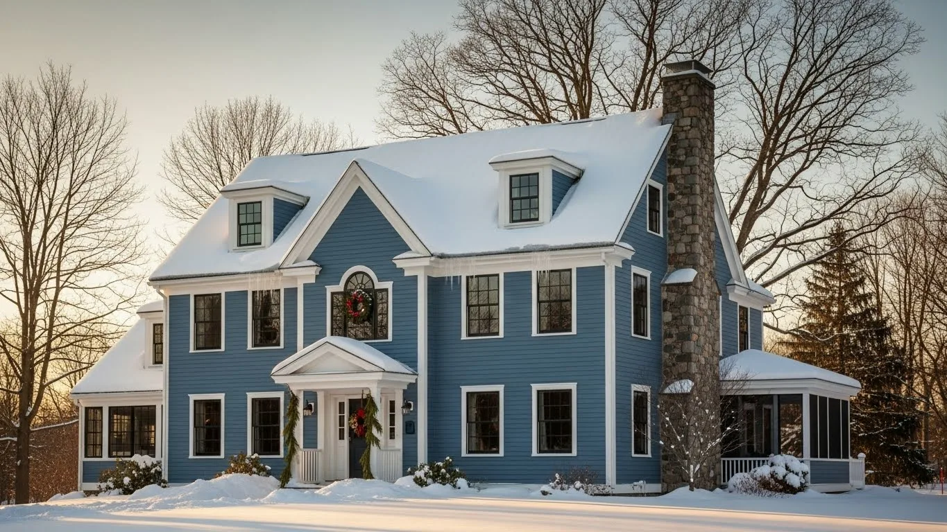 Exterior painting Connecticut on a blue residential home designed to withstand harsh winter weather.