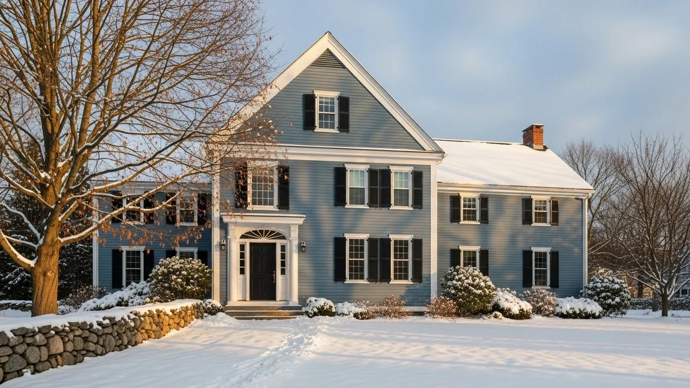 Exterior painting Connecticut on a gray New England home maintaining protection and curb appeal in snow.