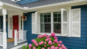 Exterior painting Connecticut featuring blue siding, white trim, and shutters for a polished residential look.
