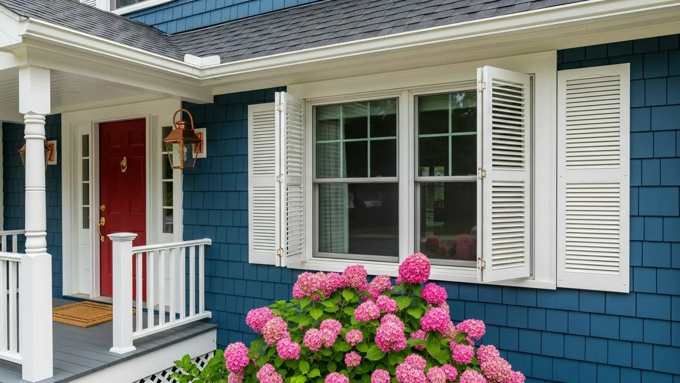 Exterior painting Connecticut featuring blue siding, white trim, and shutters for a polished residential look.